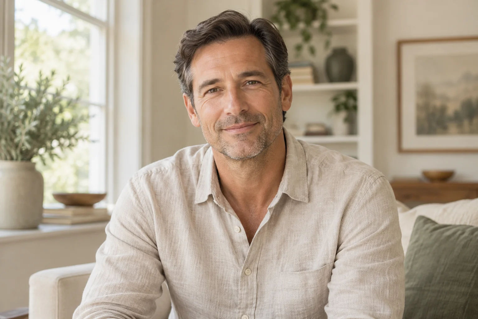 AI-generated lifestyle image of a middle-aged man seated at home